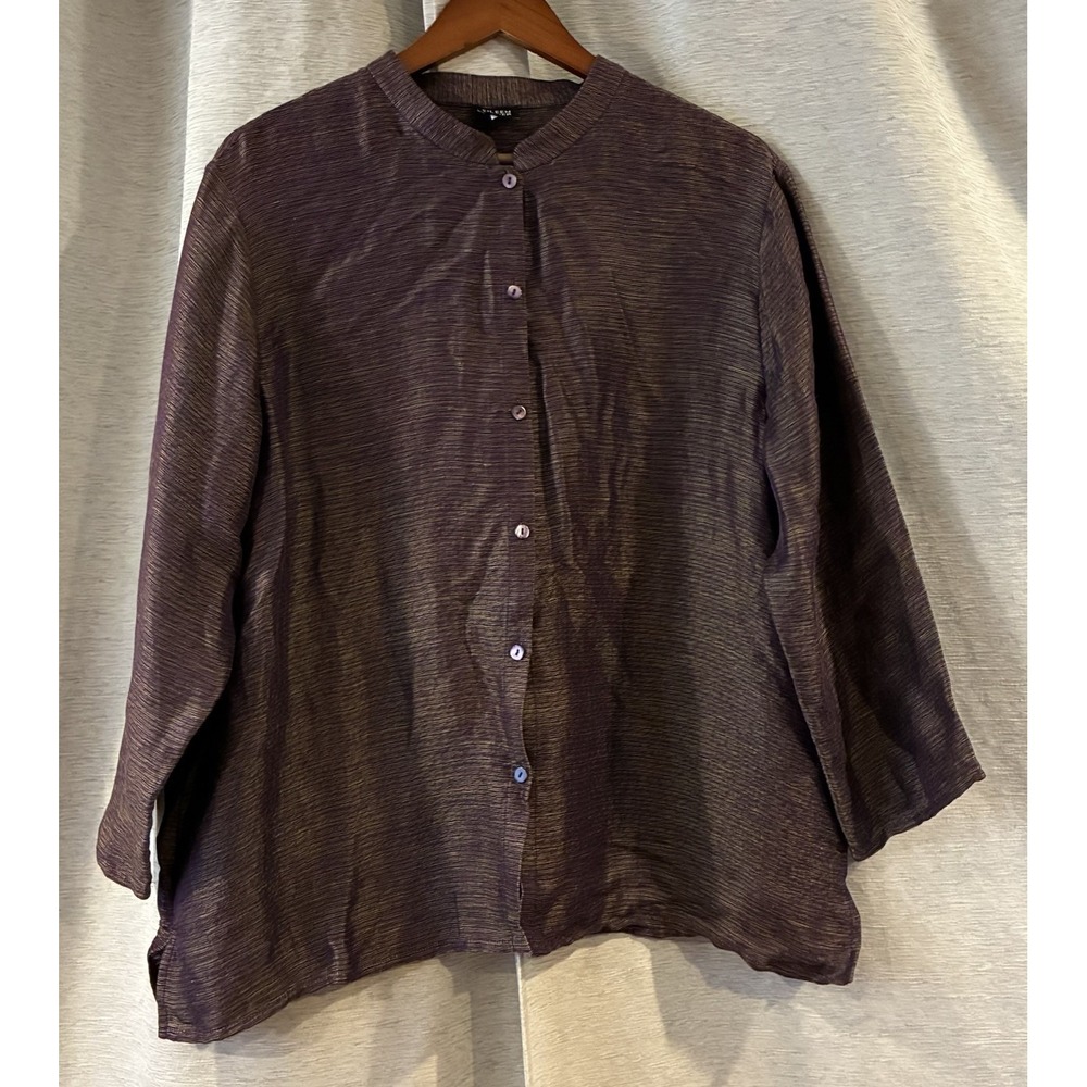 Eileen Fisher 1X Silk Linen Purple Textured Stand Collar 3/4 Sleeve Blouse Top